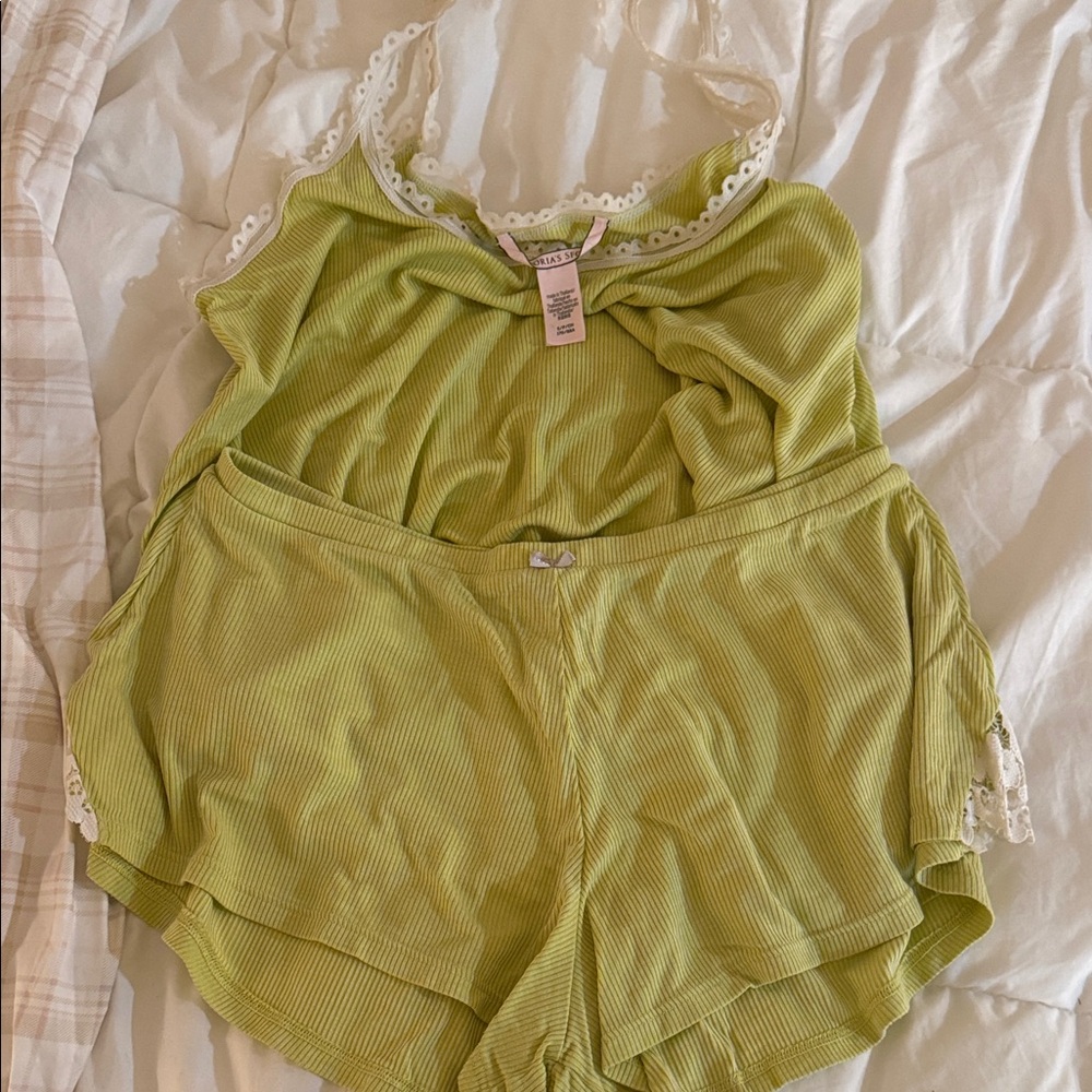 Victoria's Secret Lime Green Pajama Set with Lace Trim